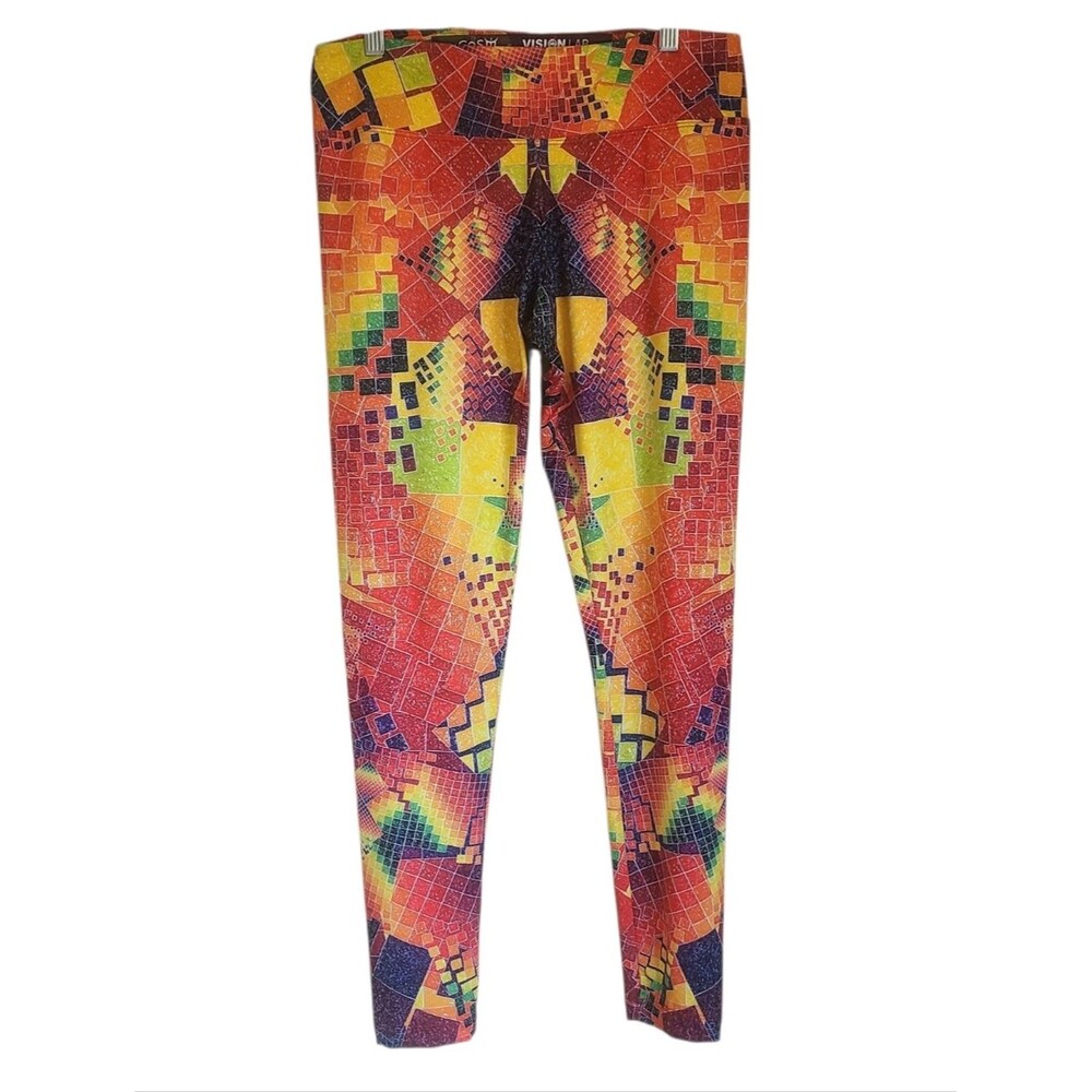 vision lab + cos allyson grey multi-color geometric mosaic leggings womens XL
